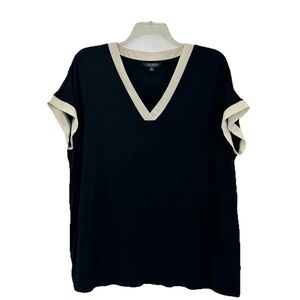 Lauren Ralph Lauren Women’s Top Sz 2X Black Beige V Neck Short Sleeve